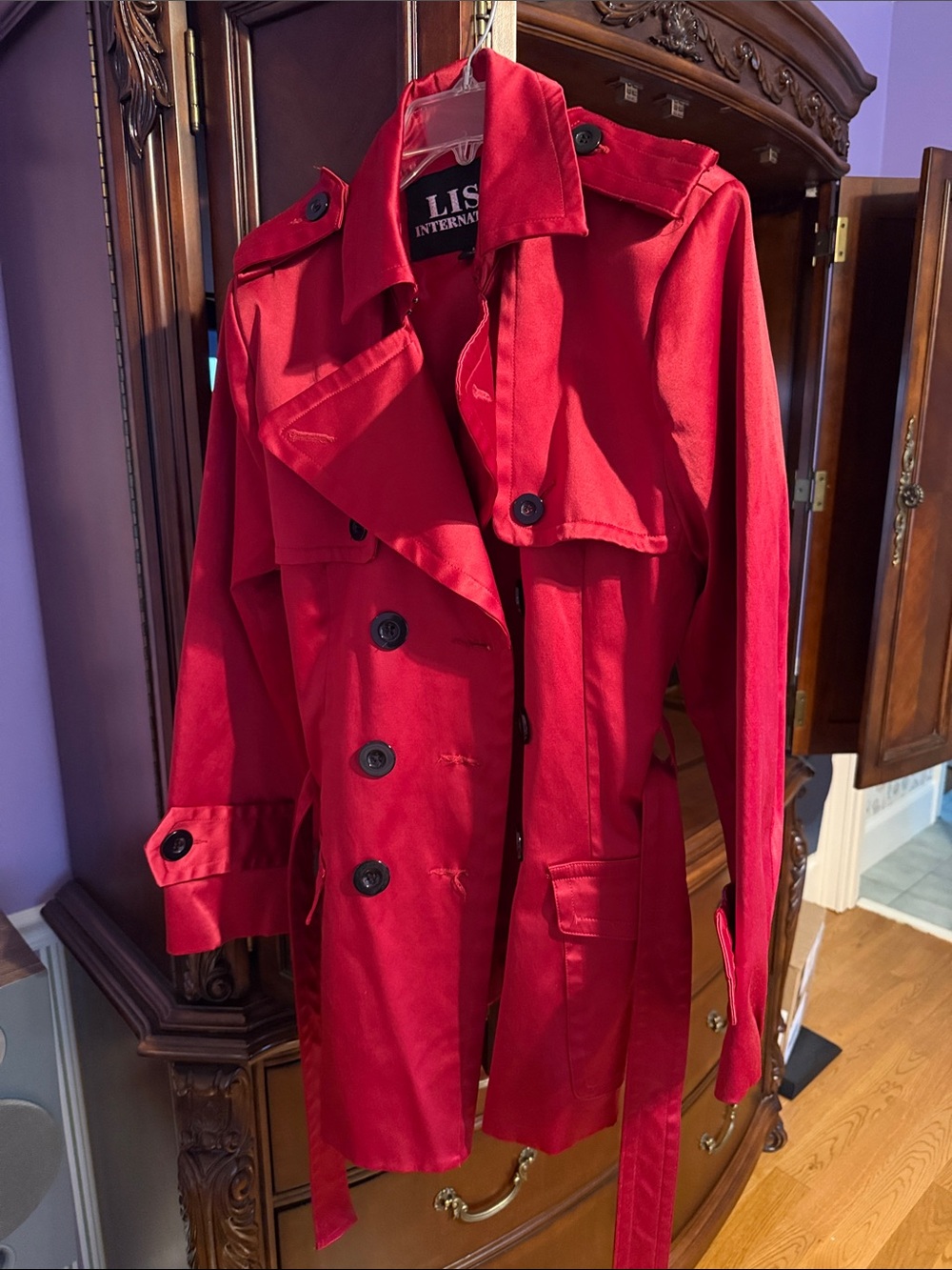 Lisa international Red Double-Breasted Trench Coat with Belt